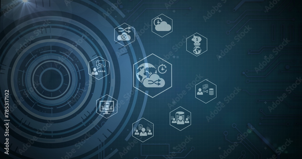 Obraz premium Image of tech icons and data processing on green digital screen