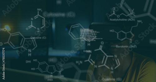 Image of chemical structures and data processing over african american woman wearing vr headset