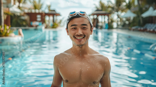 Happy Asian Man At Swimming Pool With Goggle Glasses