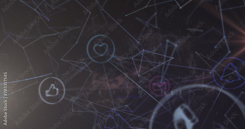 Image of light trails and network of connections with icons on black background