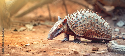 Armadillo: An armadillo in its natural habitat, photographed with natural lighting to capture the texture of its armor-like skin, set against a simple earth-tone background with copy space