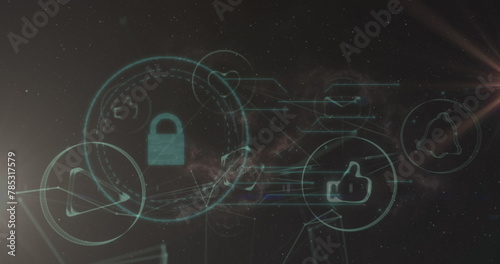 Image of padlock icon and network of connections with icons on black background