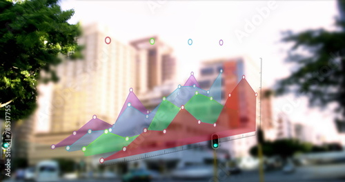 Image of digital data processing and graph over cityscape