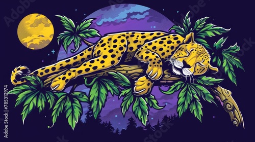  A cheetah naps on a tree limb before a towering full moon