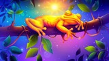  A yellow frog perches on a tree branch against a backdrop of purple and blue Sunlight illuminates the scene, casting light on the leaves that flutter nearby