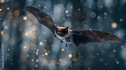 Bat: A bat in flight, captured using night photography to detail its wing structure, set against a dark night sky background with copy space.