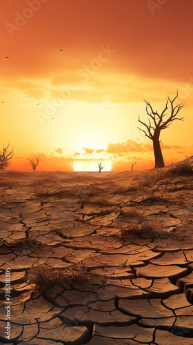 Drought. Desert landscape with cracked soil and dry tree at sunset. Global ecology concept.