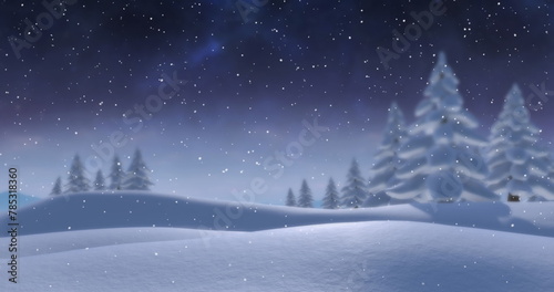 Image of shooting star and snow falling in winter scenery