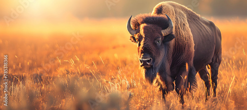 Bison: A robust bison captured at sunset using a warm filter to enhance the golden hues of its fur, set against a stark prairie background with copy space. photo