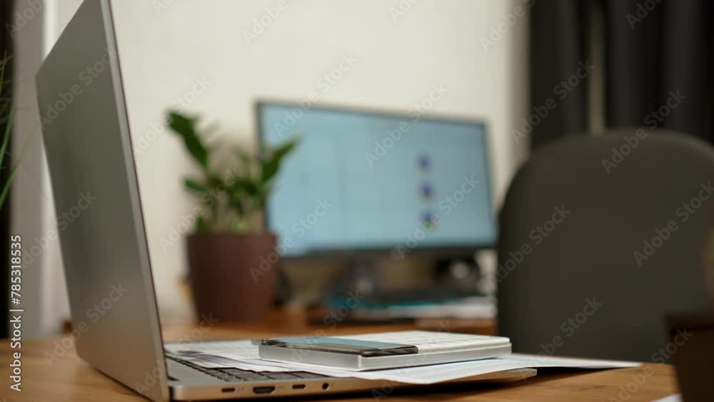 Empty office workplace due danger virus pandemic or war conflict and evacuation during an air alarm. Office desk, workplace, individual freelancer entrepreneur working place Empty office workplace due danger virus pandemic or war conflict and evacuation during an air alarm. Office desk, workplace, individual freelancer entrepreneur working place
