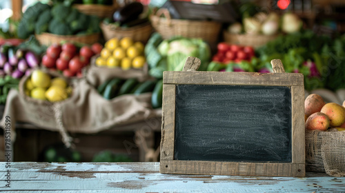 Empty chalkboard on table with fresh healthy vegetables in the background. Farmers market, regional bio organic shop, vegan food concept © eireenz