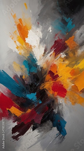 Vibrant explosion of colors dominates canvas  where bold strokes of paint in red  yellow  blue  white converge in dynamic clash that exudes energy  motion.