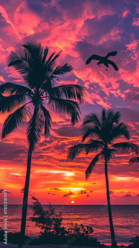 Fototapeta premium Stunning sunset painting with palm trees, serene and tropical landscape scene