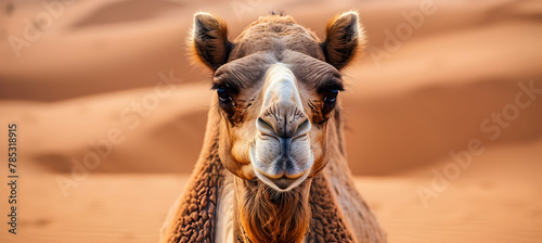 Camel  A stoic camel photographed in the desert at dusk  using a low-light setting to capture the soft shadows on its face  set against a minimalistic sand-colored background with copy space.