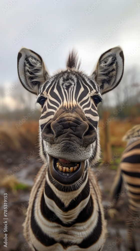 Naklejka premium Smiling zebra close-up. Travel posters and ad