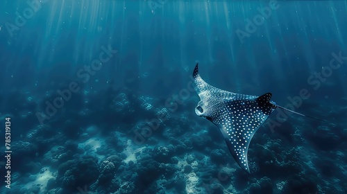 Graceful Marine Encounter Spotted Eagle Ray Swimming at Mid Water, Providing Copy Space for Custom Text or Design 