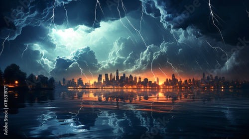 Dramatic thunderstorm with lightnings above the city landscape. photo