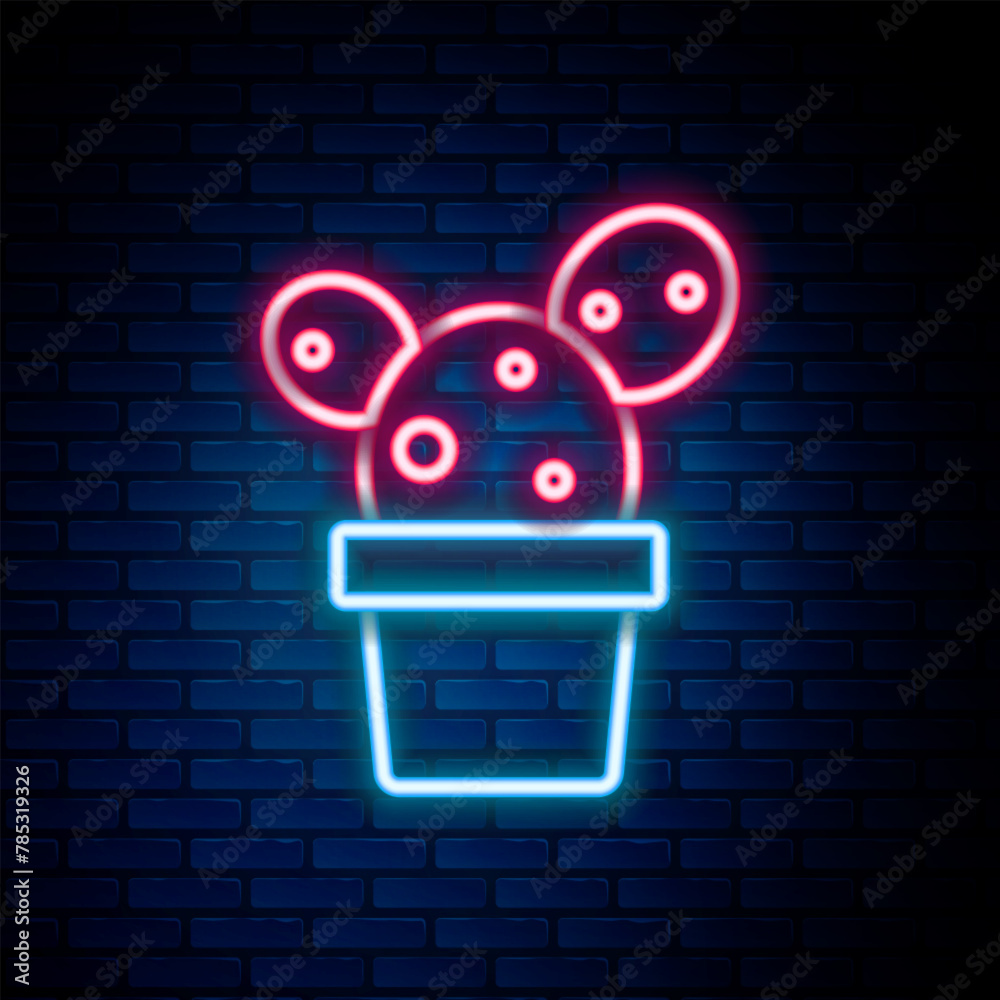 Glowing neon line Cactus and succulent in pot icon isolated on brick wall background. Plant growing in a pot. Potted plant sign. Colorful outline concept. Vector Glowing neon line Cactus and succulent in pot icon isolated on brick wall background. Plant growing in a pot. Potted plant sign. Colorful outline concept. Vector