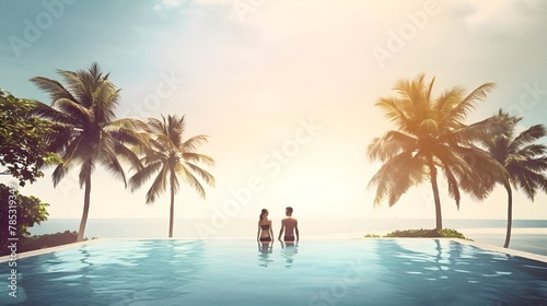 Two individuals enjoying a serene sunset in a pool