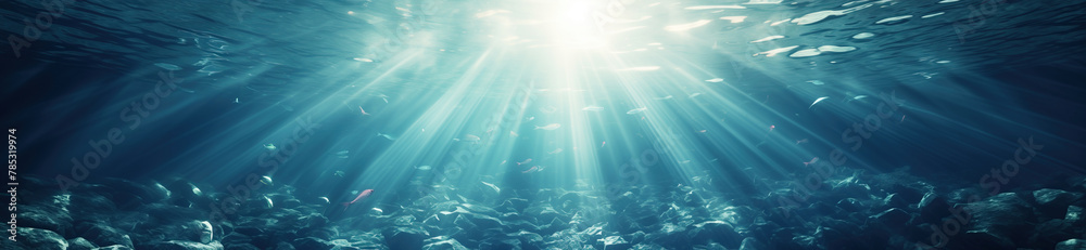 Obraz premium Sunlight piercing through the depths of a tranquil underwater seascape. Sunbeams filter through clear blue water, illuminating the ocean’s serene realm