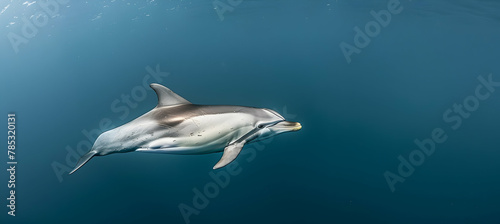 Dolphin  A playful dolphin photographed with underwater high-speed photography to capture its graceful movements  set against a deep ocean blue background with copy space.