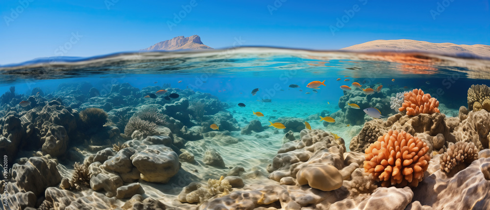 Submerged serenity: coral reef and majestic mountain. A mesmerizing view unfolds as a vibrant coral reef thrives underwater, contrasting a majestic mountain in the distant background Submerged serenity: coral reef and majestic mountain. A mesmerizing view unfolds as a vibrant coral reef thrives underwater, contrasting a majestic mountain in the distant background