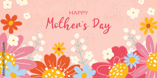 Greeting horizontal background with grunge textured hand drawn flowers, scribbles and typography on pink background for Happy Mother's Day. Trendy template for poster, banner, invitation, social media