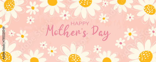 Greeting horizontal banner with textured white flowers, scribbles and typography on pink background for Happy Mother's Day. Trendy design for poster, background, invitation, social media