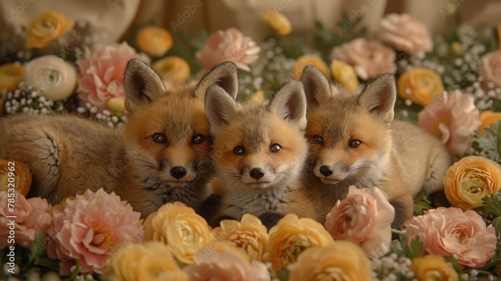 Fototapeta premium Three foxes sit atop a pink-yellow flower field, upon a bed of roses