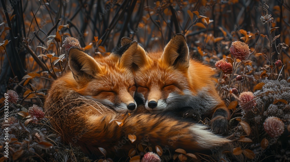 Fototapeta premium A pair of foxes recline together on a wildflower field, their eyes closed
