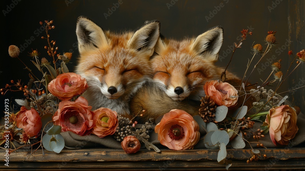 Obraz premium A couple of foxes resting on a wooden table, flowers atop it