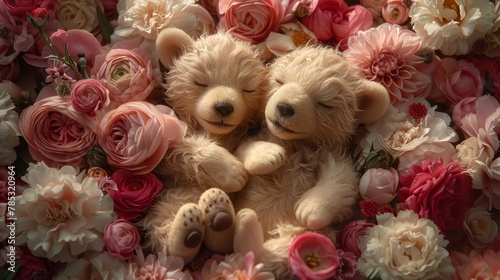   A couple of  bears rest atop a mound of pink and white blooms, nestled among roses © Nadia