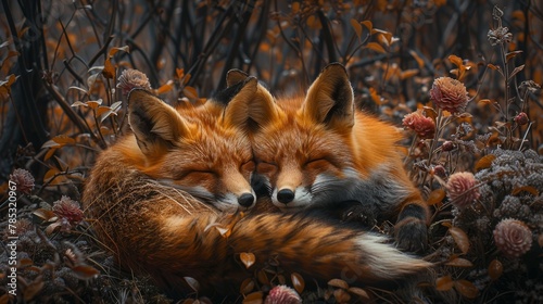  A pair of foxes recline together on a wildflower field, their eyes closed