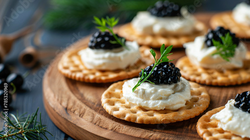 Crackers with cream cheese and black caviar horizontal