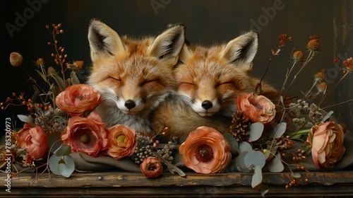   A couple of foxes resting on a wooden table, flowers atop it © Nadia