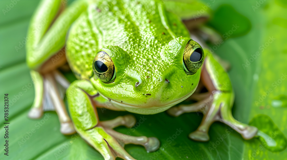 Frog: A vibrant green frog captured with macro photography to detail its glossy skin and striking eyes, set against a lush green leaf background. Frog: A vibrant green frog captured with macro photography to detail its glossy skin and striking eyes, set against a lush green leaf background.