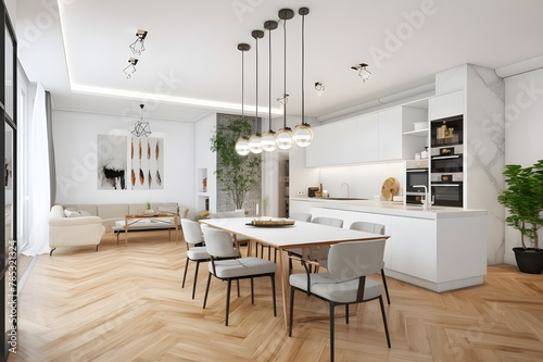 A modern kitchen and dining area with white and wood interior