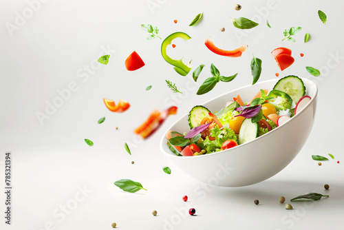 Fresh salad with assorted vegetables on a plate and in a bowl