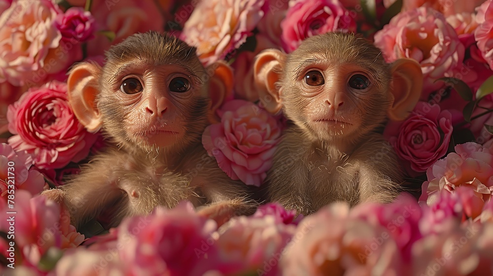   Two monkeys seated beside each other in a pink-red flower field One faces the camera