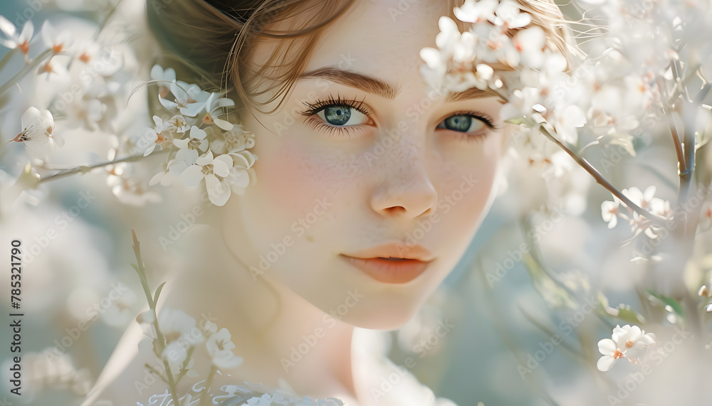 portrait of a bride with blue eyes in spring garden, romantic mood