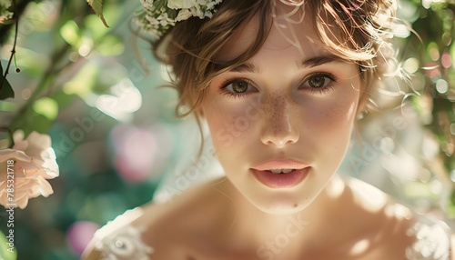 portrait of a bride with flowers in her hair, romantic bridal atmosfere in spring photo