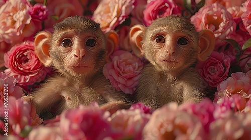   Two monkeys seated beside each other in a pink-red flower field One faces the camera © Nadia