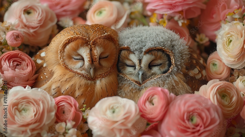 A pair of owls perched together on a mound of pink and white blooms, atop a rose-bed A pair of owls perched together on a mound of pink and white blooms, atop a rose-bed