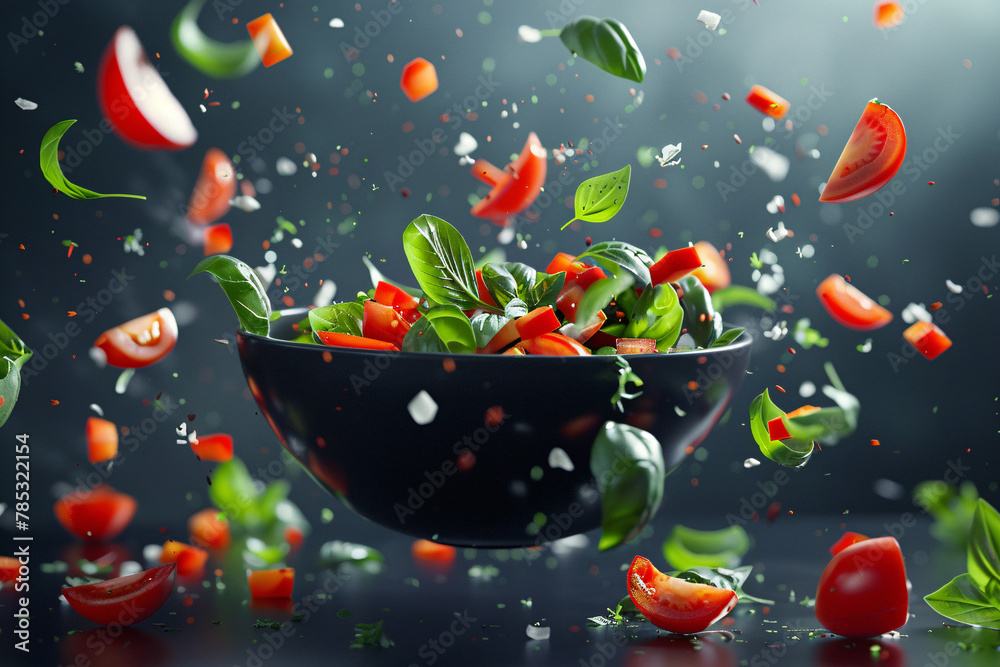 salad with black bowl flew salad with black bowl flew