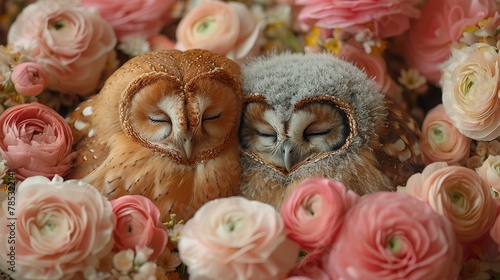   A pair of owls perched together on a mound of pink and white blooms, atop a rose-bed