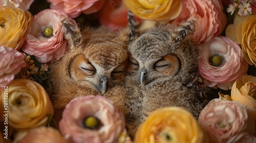   A pair of owls rests atop a mound of pink and yellow blooms, surrounded by a bed of these same flower colors © Nadia
