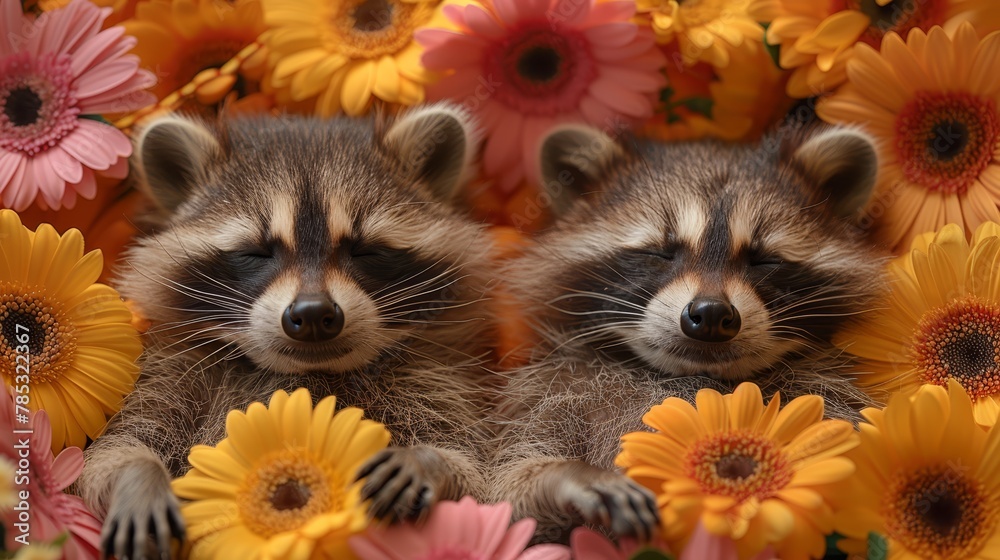A few raccoons rest side by side in a field of vibrant yellow, pink, and orange blooms A few raccoons rest side by side in a field of vibrant yellow, pink, and orange blooms