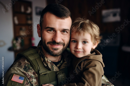 AI generated image of happy soldier spending time with family hugging child