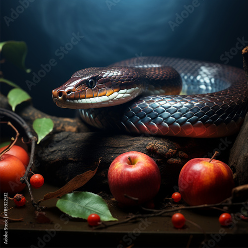 Snake with an apple fruit. Forbidden fruit concept. religious theme.