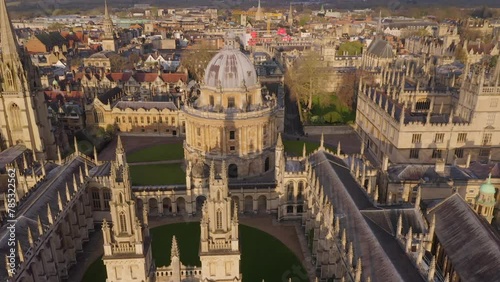 Aerial of Radciffe Camera Library Oxford University during golden hour